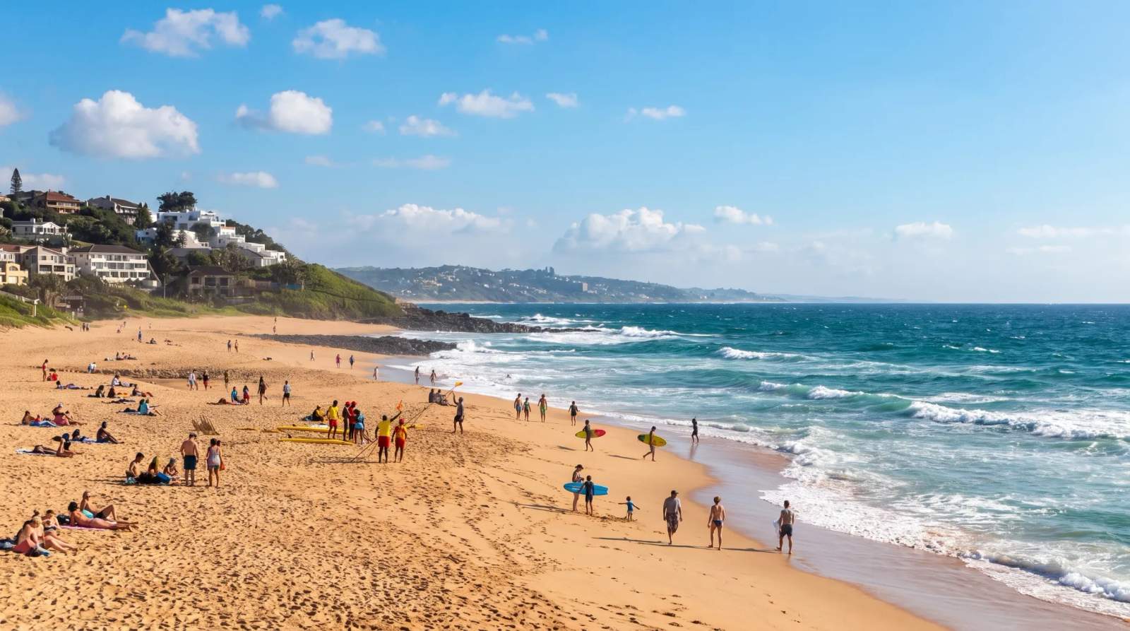 Golden sand beach with numerous people, waves crashing, and coastal homes on a hill in Ballito.